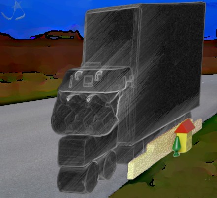 隔音屏障后面的生活 Riesenhafter LKW passiert winziges Haus